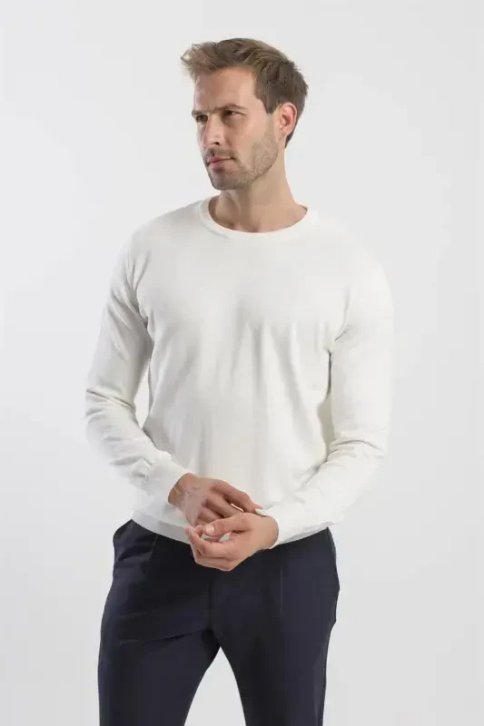 Ecru Slim Fit Crew Neck Tricot Sweater - 2