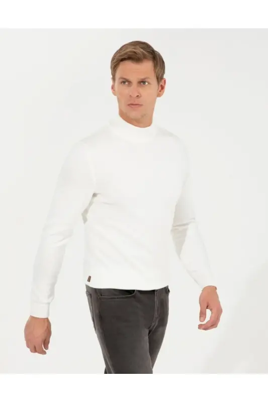 Ecru Slim Fit Erkak Triko Kazak-VR019 ECRU - 2