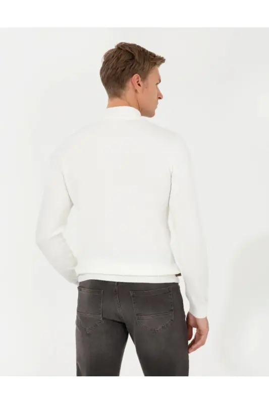 Ecru Slim Fit Erkak Triko Kazak-VR019 ECRU - 5
