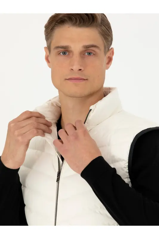 Ecru Slim Fit İnce Kapitone Mont Yelek 50273110-VR019 - Ekru - 3