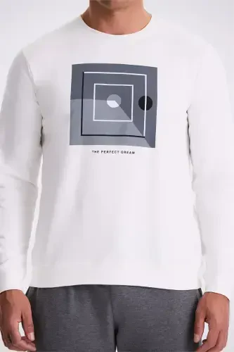 Ecru Slim Fit Mock Neck Printed 100% Cotton Sweatshirt - 3