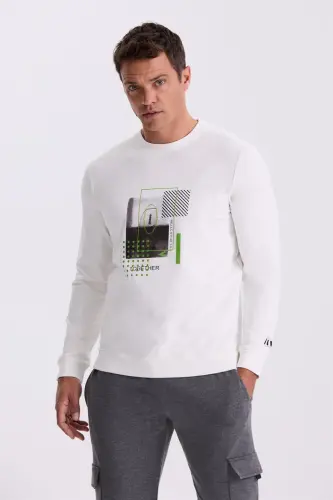 Ecru Slim Fit Printed Crew Neck Slim Fit Printed 100% Cotton Sweatshirt - 1