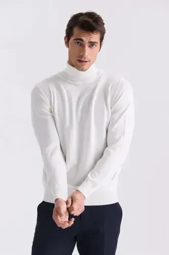 Ecru Slim Fit Turtleneck Knit Sweater - 1