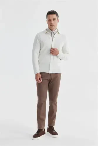 Ecru Slim Fit Wool Buttoned Polo Collar Sweater 