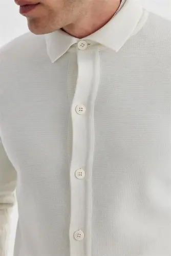 Ecru Slim Fit Wool Buttoned Polo Collar Sweater - 3