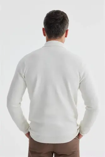 Ecru Slim Fit Wool Buttoned Polo Collar Sweater - 4