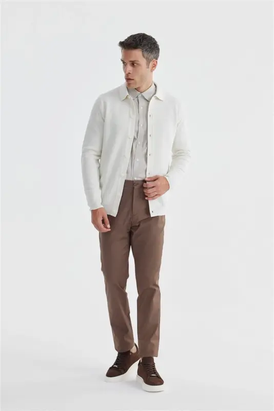 Ecru Slim Fit Wool Buttoned Polo Collar Sweater - 5