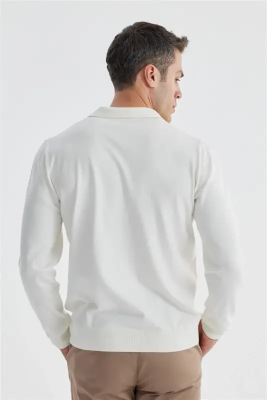 Ecru Slim Fit Wool Cashmere Blend Patterned Polo Collar Sweater - 4