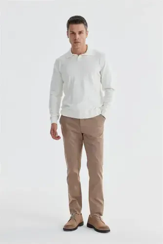 Ecru Slim Fit Wool Cashmere Blend Patterned Polo Collar Sweater - Modazone (1)