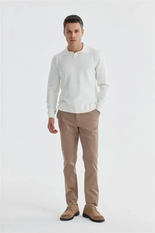 Ecru Slim Fit Wool Cashmere Blend Patterned Polo Collar Sweater - 2