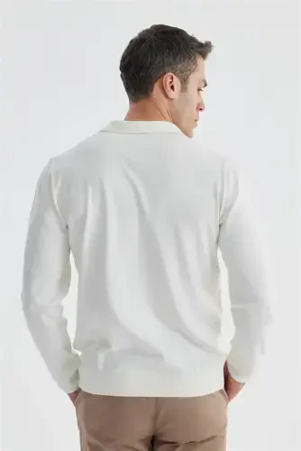 Ecru Slim Fit Wool Cashmere Blend Patterned Polo Collar Sweater - 4