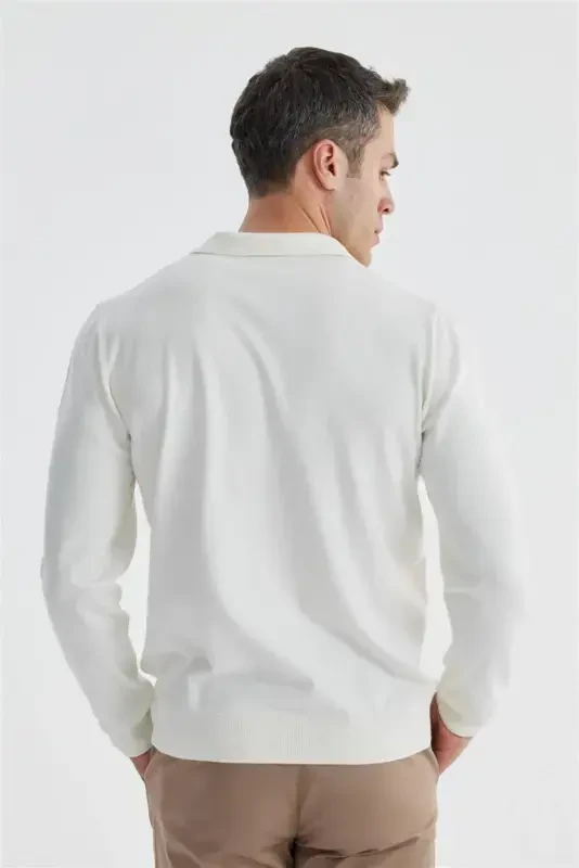 Ecru Slim Fit Wool Cashmere Blend Patterned Polo Collar Sweater - 4