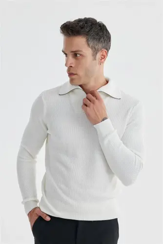 Ecru Slim Fit Wool Zipper Neck Pullover - 2