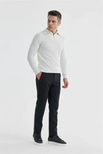 Ecru Slim Fit Wool Zipper Neck Pullover 