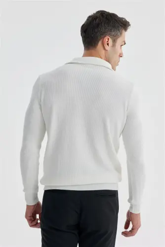 Ecru Slim Fit Wool Zipper Neck Pullover - 4