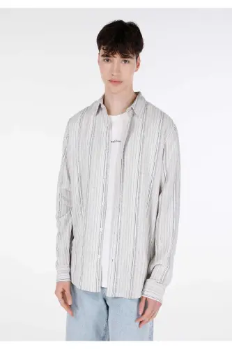 Ecru, striped, long-sleeved, regular fit men's shirt. - 1