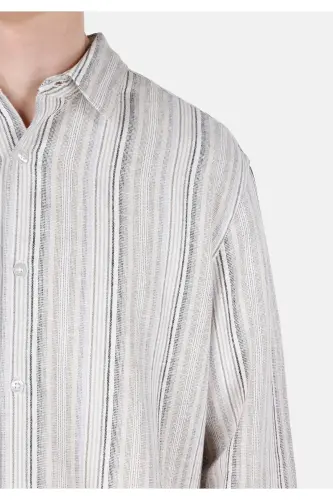 Ecru, striped, long-sleeved, regular fit men's shirt. - 5