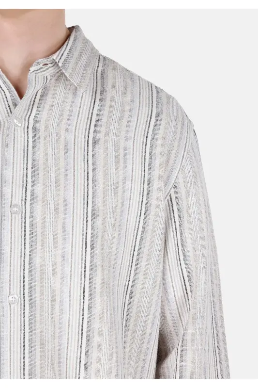 Ecru, striped, long-sleeved, regular fit men's shirt. - 5