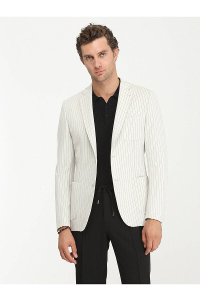 Ecru Striped Modern Fit Cotton Blend Knit Jacket - 9