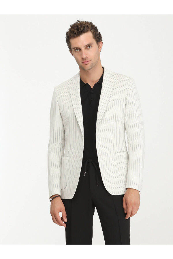 Ecru Striped Modern Fit Cotton Blend Knit Jacket - 2