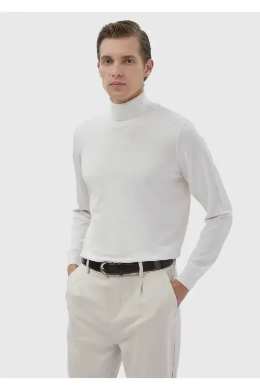 Ecru Turtleneck Plain Knit Wool Blend Knitwear - RAMSEY