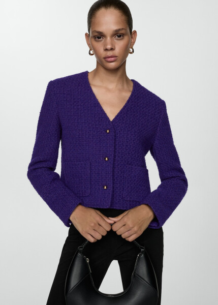 Ecru tweed jacket with a V-neck - 6