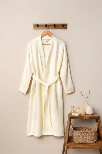 Ecru Unisex Kimono Muslin Bathrobe - 100% Cotton & Highly Absorbent Robe 