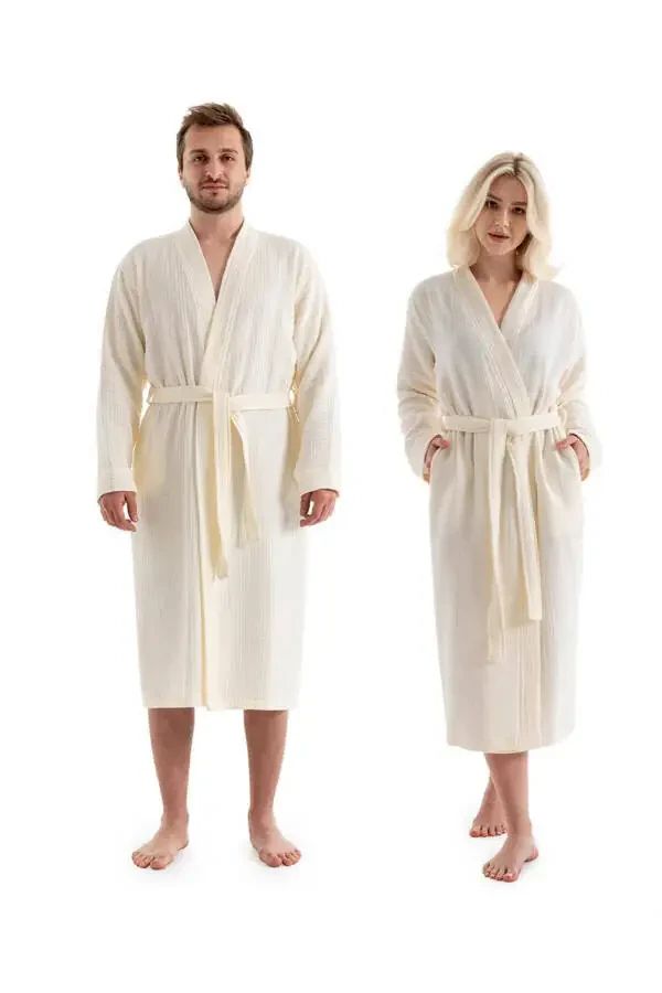 Ecru Unisex Kimono Muslin Bathrobe - 100% Cotton & Highly Absorbent Robe - 2