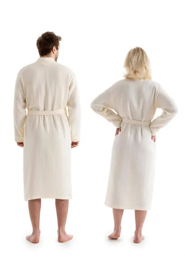 Ecru Unisex Kimono Muslin Bathrobe - 100% Cotton & Highly Absorbent Robe - 3