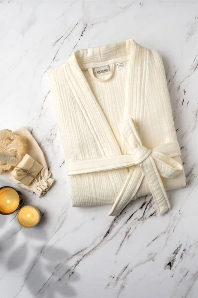 Ecru Unisex Kimono Muslin Bathrobe - 100% Cotton & Highly Absorbent Robe - 5