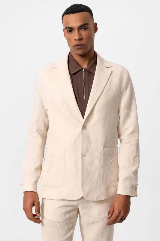 Ecru Unlined Pocketed Men's Blazer Jacket - Ecru - 1