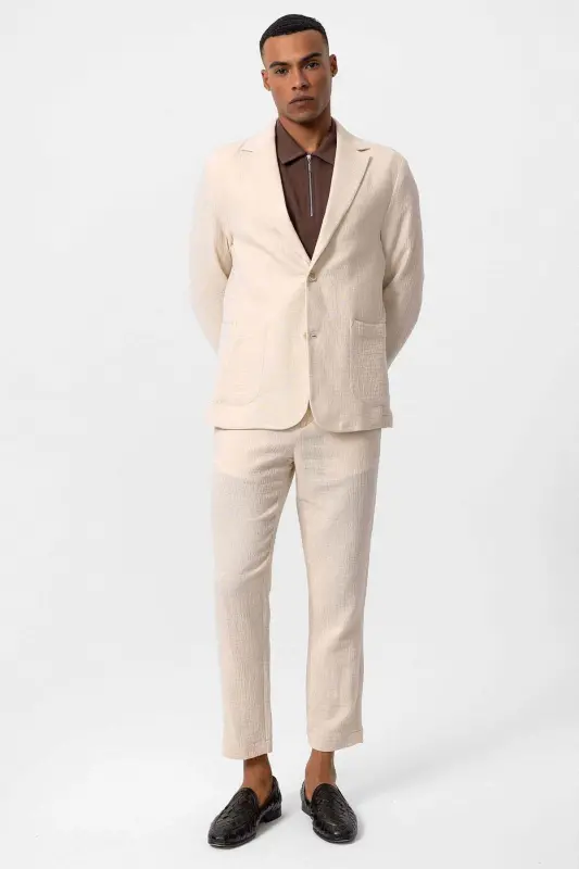 Ecru Unlined Pocketed Men's Blazer Jacket - Ecru - 4