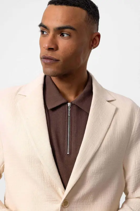 Ecru Unlined Pocketed Men's Blazer Jacket - Ecru - 5