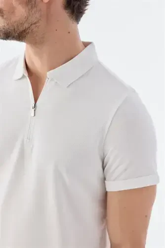 Ecru Zippered Slim Fit Polo Collar T-Shirt - 3