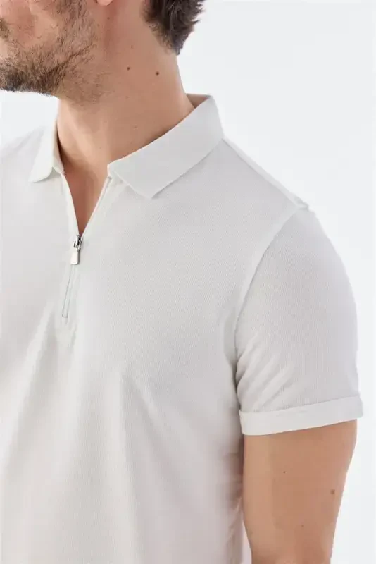 Ecru Zippered Slim Fit Polo Collar T-Shirt - 3