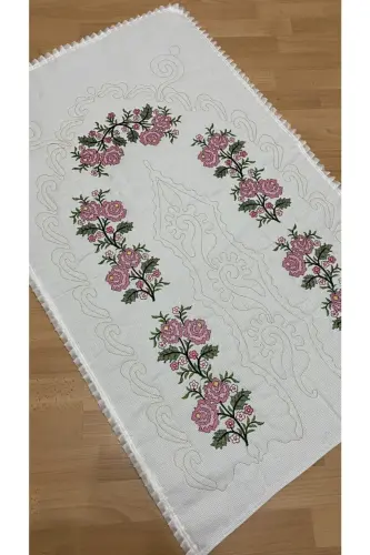 Ecru*powder Dowry Canvas Embroidery Etamine Embroidered 100% Cotton Linen Prayer Rug-Ecru 