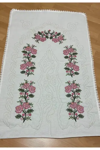 Ecru*powder Dowry Canvas Embroidery Etamine Embroidered 100% Cotton Linen Prayer Rug-Ecru - AYHANHOME (1)