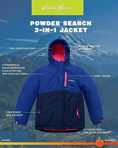 Eddie Bauer bolalar chang'i kurtkasi - o'g'il va qizlar uchun suv o'tkazmaydigan 3'ü 1 arada izolyatsiyalangan пальто, olinadigan tashqi kurtka (3-16) - 3