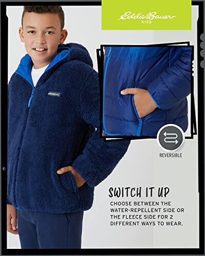 Eddie Bauer Boys' Reversible Jacket - Waterproof Lightweight Fleece Lined Hooded Puffer Coat - Boys Outerwear Jacket (5-20) - 4