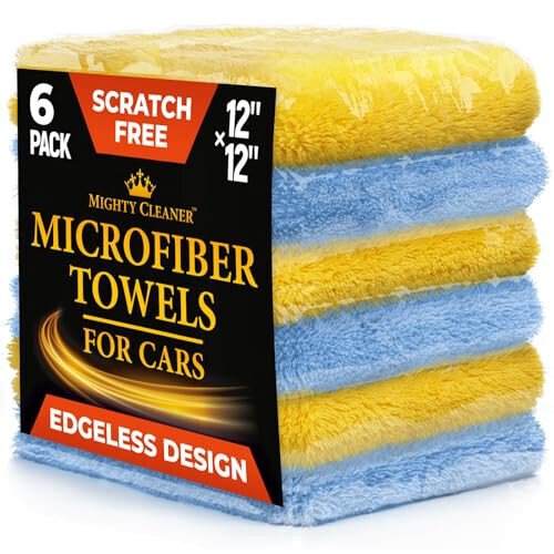 Edgeless Microfiber Towels for Cars – 6pk (12”x12”) - 540 GSM - Super Soft Car Drying, Detailing, Polishing & Buffing – Scratch-Free - Absorbent Microfiber Cleaning Cloths for Cars - 6