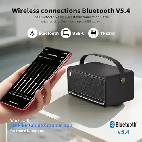 Edifier Retro Wood Bluetooth Speaker, Wireless Portable Speakers with 40W Hi-Res Audio, Stereo Pairing ConneX App, USB and TF Card Black - 4