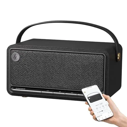 Edifier Retro Wood Bluetooth Speaker, Wireless Portable Speakers with 40W Hi-Res Audio, Stereo Pairing ConneX App, USB and TF Card Black 