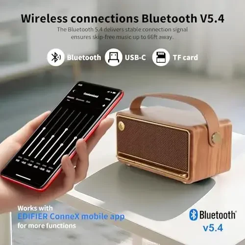 Edifier Retro Wood Bluetooth Speaker, 40W Hi-Res Audio, Stereo Pairing ConneX ilovasi, USB va TF Card Brown bilan simsiz portativ dinamiklar - 3