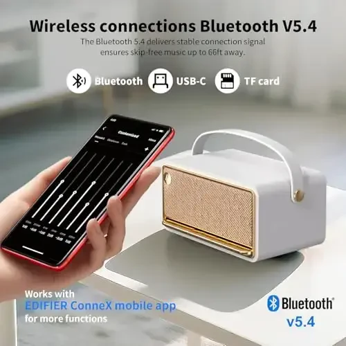 Edifier Retro Wood Bluetooth Speaker, 40W Hi-Res Audio, Stereo Pairing ConneX ilovasi, USB va TF Card Ivory bilan simsiz portativ dinamiklar - 3