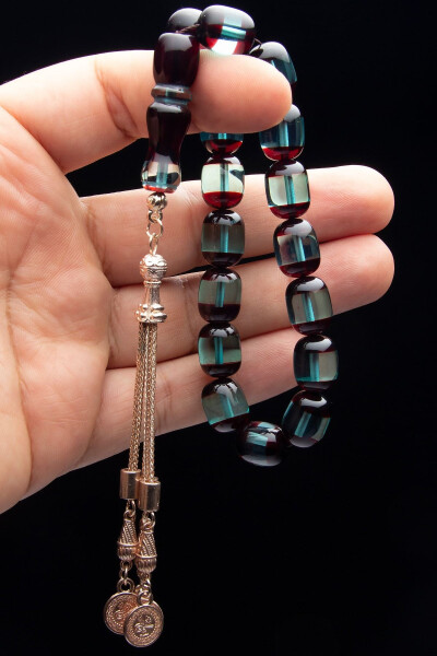 Efe Tesbih, 11x14mm burgundy, ice blue enamel, fragrant powder amber rosary. - 1