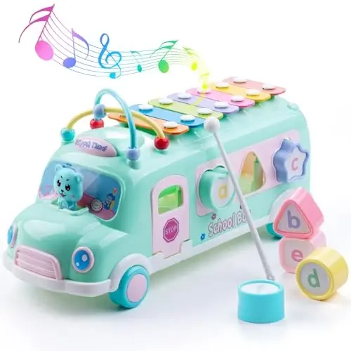EFOSHM Baby School Bus Xylophone Toy for Toddlers 1-3, Baby Musical Bus Toys for 1 Year Old Girl, Shape Puzzles Knocking Xylophone Educational Musical Toys, Christmas Birthday Gifts for Boys and Girls - 4