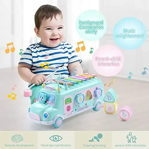 EFOSHM Baby School Bus Xylophone Toy for Toddlers 1-3, Baby Musical Bus Toys for 1 Year Old Girl, Shape Puzzles Knocking Xylophone Educational Musical Toys, Christmas Birthday Gifts for Boys and Girls - 1