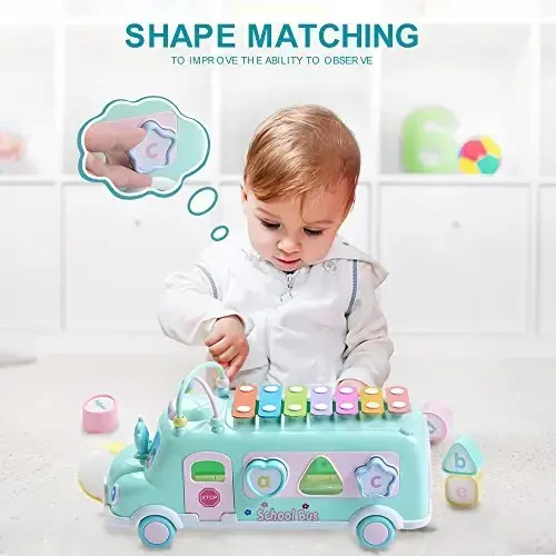 EFOSHM Baby School Bus Xylophone Toy for Toddlers 1-3, Baby Musical Bus Toys for 1 Year Old Girl, Shape Puzzles Knocking Xylophone Educational Musical Toys, Christmas Birthday Gifts for Boys and Girls - 2