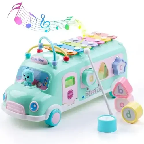 EFOSHM Baby School Bus Xylophone Toy for Toddlers 1-3, Baby Musical Bus Toys for 1 Year Old Girl, Shape Puzzles Knocking Xylophone Educational Musical Toys, Christmas Birthday Gifts for Boys and Girls - 4