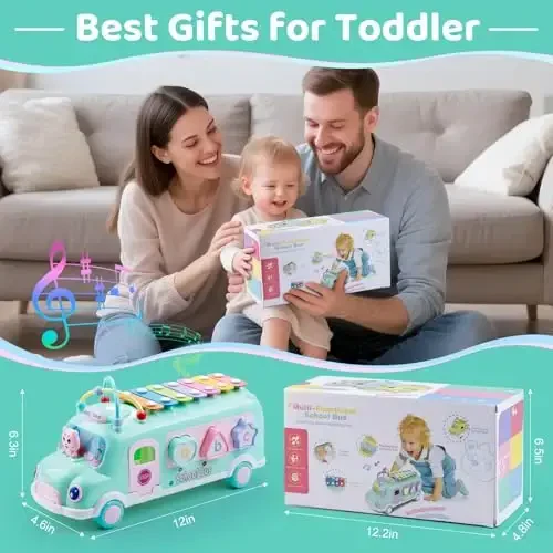 EFOSHM Baby School Bus Xylophone Toy for Toddlers 1-3, Baby Musical Bus Toys for 1 Year Old Girl, Shape Puzzles Knocking Xylophone Educational Musical Toys, Christmas Birthday Gifts for Boys and Girls - 5